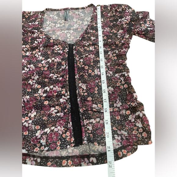 Anthropologie Sheer Mesh Purple Floral Dainty Ditzy Print Ruched Blouse- Xs - Picture 8 of 11
